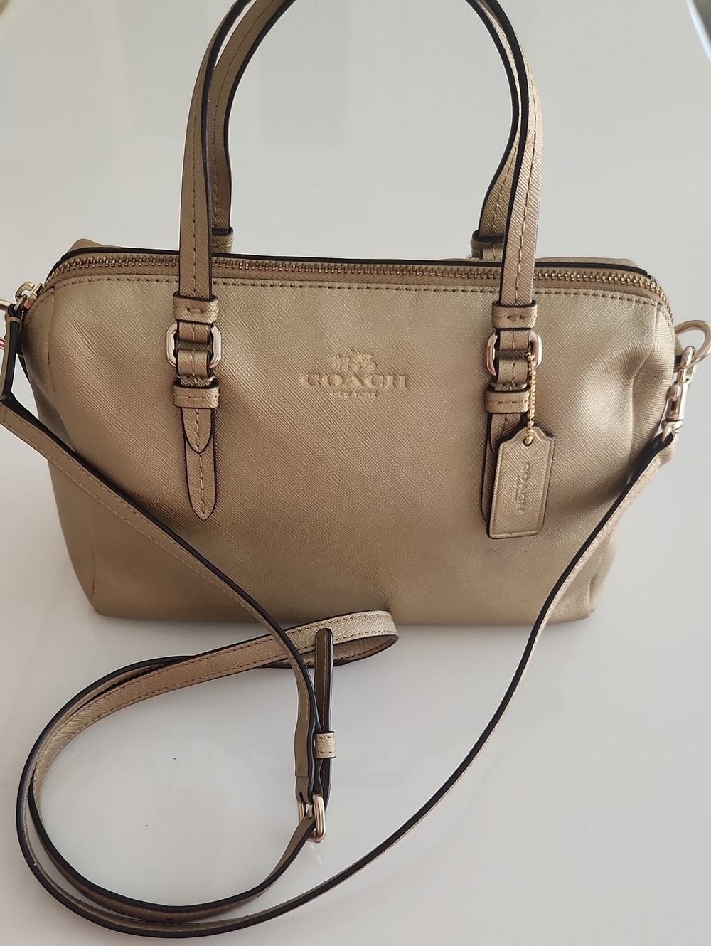 Coach Gold Saffiano Leather Satchel with Crossbody Strap